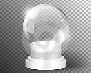 White vector snow globe clear template isolated on transparent background. Christmas magic ball. Glass ball dome layered stand.