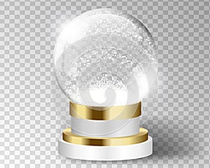 White vector snow globe empty template isolated on transparent background. Christmas magic ball. Blue glass ball dome with golden