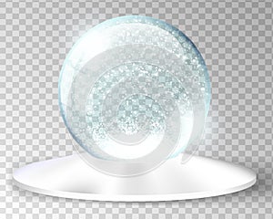 White vector snow globe empty template isolated on transparent background. Christmas magic ball. Blue glass ball dome with silver