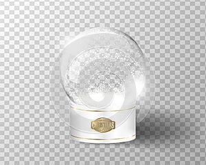 White vector snow globe empty template isolated on transparent background. Christmas magic ball. Glass ball dome with golden