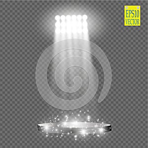 White vector spotlight light effect on transparent background. Concert scene with sparks illuminated by glow ray