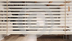 White venetian blinds close up view, over modern wooden bedroom with double bed and walk in closet, interior design, privacy