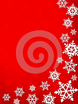 White vertical winter frame of snowflakes with shadows on a red