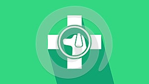 White Veterinary clinic symbol icon isolated on green background. Cross with dog veterinary care. Pet First Aid sign. 4K