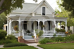 a white victorian house with black shutters and a wrap-around porch