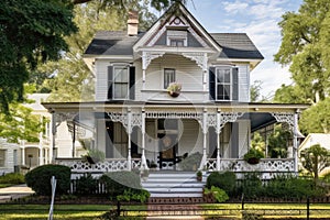 a white victorian house with black shutters and a wrap-around porch