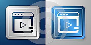 White Video advertising icon isolated on blue and grey background. Concept of marketing and promotion process