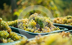 White vine grapes. Detailed view of a grape vines in a vineyard in autumn.