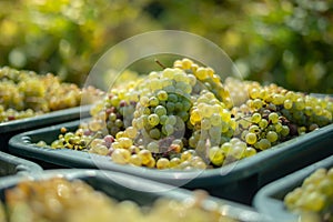 White vine grapes. Detailed view of a grape vines in a vineyard in autumn.