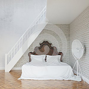 White Vintage Bedroom With Stairs To Second Floor