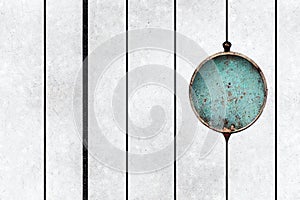 White vintage enamel grunge metal surface panel mockup background with painted blue hole of rusty iron including