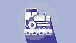 White Vintage locomotive icon isolated on purple background. Steam locomotive. 4K Video motion graphic animation