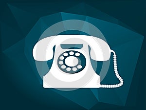 White vintage phone with the cord on the modern blue low poly background.