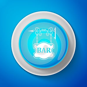 White Vintage signboard outdoor advertising with text Bar icon isolated on blue background. Circle blue button with