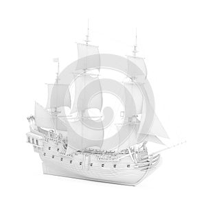 White Vintage Tall Sailing Ship, Caravel, Pirate Ship or Warship in Clay Render Style. 3d Rendering