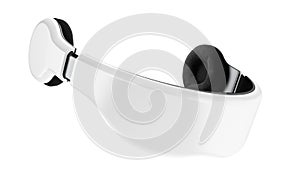 White virtual reality goggles with headphones, minimalistic modern design on white background.