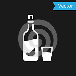 White Vodka with pepper and glass icon isolated on black background. Ukrainian national alcohol. Vector