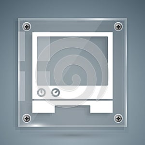 White Voice assistant icon isolated on grey background. Voice control user interface smart speaker. Square glass panels