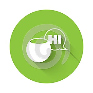 White Voice assistant icon isolated with long shadow. Voice control user interface smart speaker. Green circle button