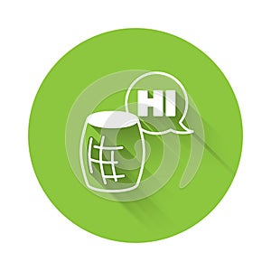 White Voice assistant icon isolated with long shadow. Voice control user interface smart speaker. Green circle button