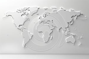 White volumetric map of the world on a white wall. Abstract business background, travel, logistics, delivery, world communication