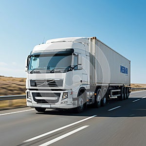 A white Volvo semi-truck is driving on a four-lane highway. It's pulling a large white