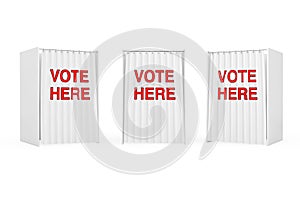 White Voting Booth with Curtain and Vote Here Sign. 3d Rendering