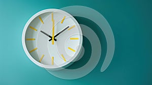 White wall clock with yellow second hand hanging on the wall. Minimalist flat lay image of plastic wall clock, generative ai.