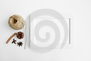 white wall and dark tree decoration Modern frames desk home decoration with frame photo and mock up white frame and dry twigs in