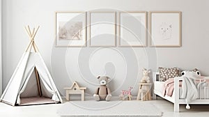 White wall with an empty vertical picture frame in a contemporary kids' room. interior mockup in the Scandinavian design