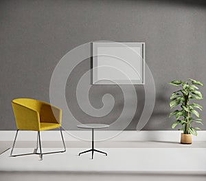 White wall frame mock-up on gray wall, a yellow chair, a flower tub.