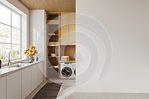 White wall interior of laundry room, washing machine and window. Mock up wall