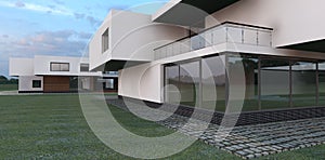 White wall luxury houses with reflecting windows. 3d render.