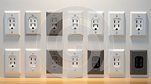 White wall mounted socket board with two electrical sockets and a switch. Neural network AI generated