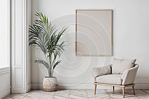 White wall with one empty wooden frame for wall art mockup. Minimalist boho room with beige chair and tropical house plant