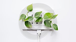 Green Energy Concept: Plant Leaves Sprouting from Wall Outlet