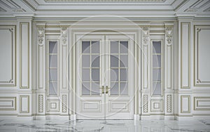 White wall panels in classical style with gilding. 3d rendering