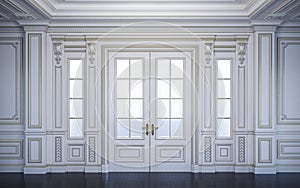 White wall panels in classical style with gilding. 3d rendering