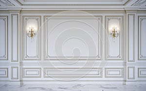 White wall panels in classical style with gilding. 3d rendering