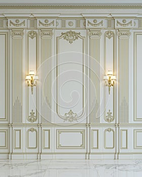 White wall panels in classical style with gilding. 3d rendering