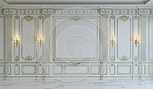 White wall panels in classical style with gilding. 3d rendering