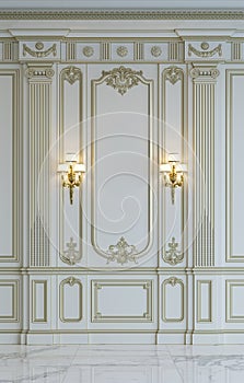 White wall panels in classical style with gilding. 3d rendering