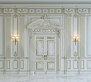 White wall panels in classical style with gilding. 3d rendering