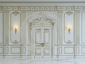 White wall panels in classical style with gilding. 3d rendering