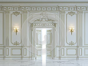 White wall panels in classical style with gilding. 3d rendering