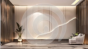 White wall with a plant and a couch in front of it