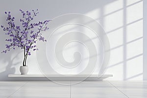 A white wall with a purple tree in a white vase