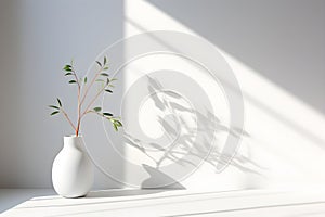 White wall room with sunlight window, vase and pot with a plant in the style of minimalist background