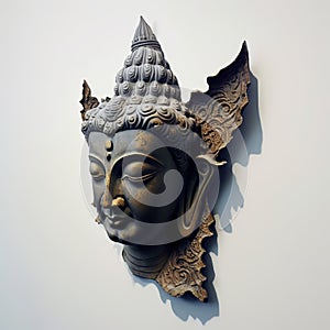 A white wall sculpture of a face with Gautama buddha head as mural for home decor etc. Ai generated