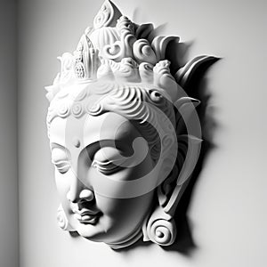 A white wall sculpture of a face with Gautama buddha head as mural for home decor etc. Ai generated